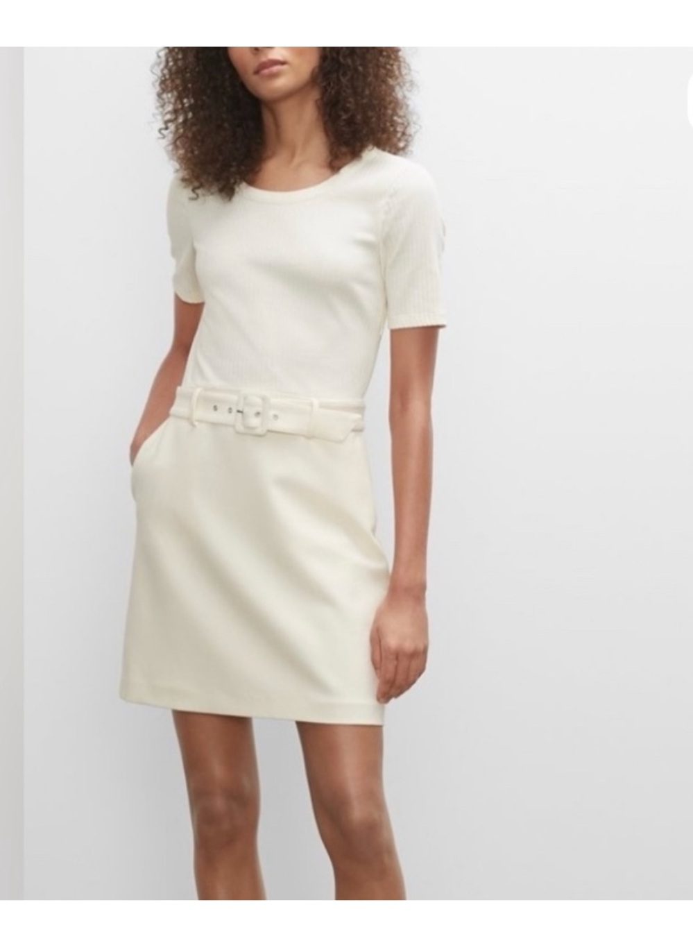 Club Monaco Cream Short-Sleeve Belted Mini Dress